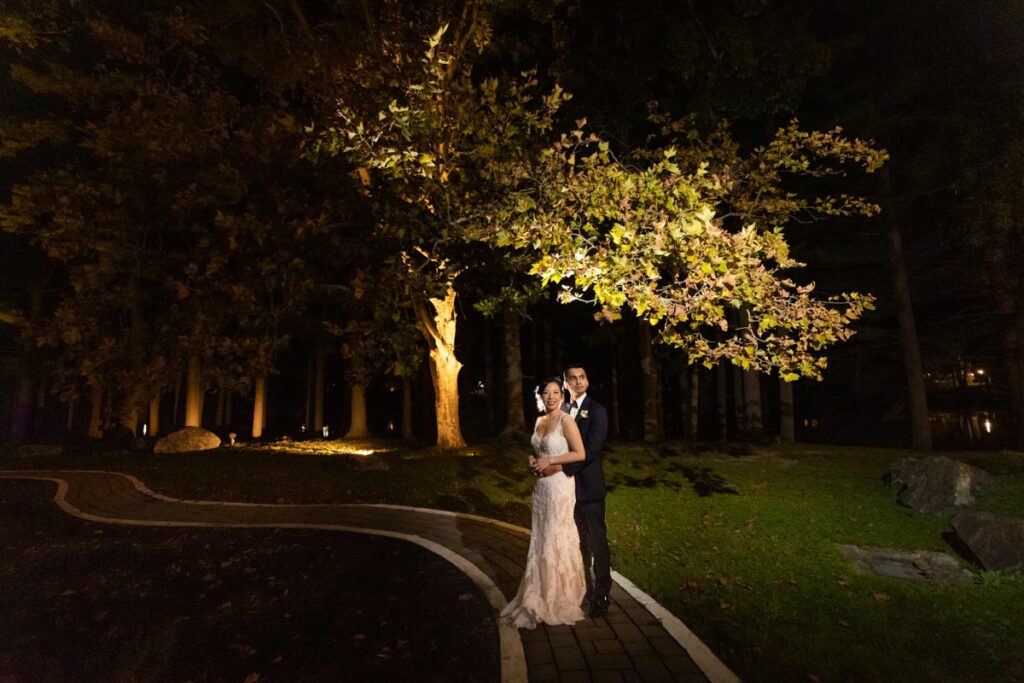 Bride and groom standing together at night under a tree illuminated by lights in a park