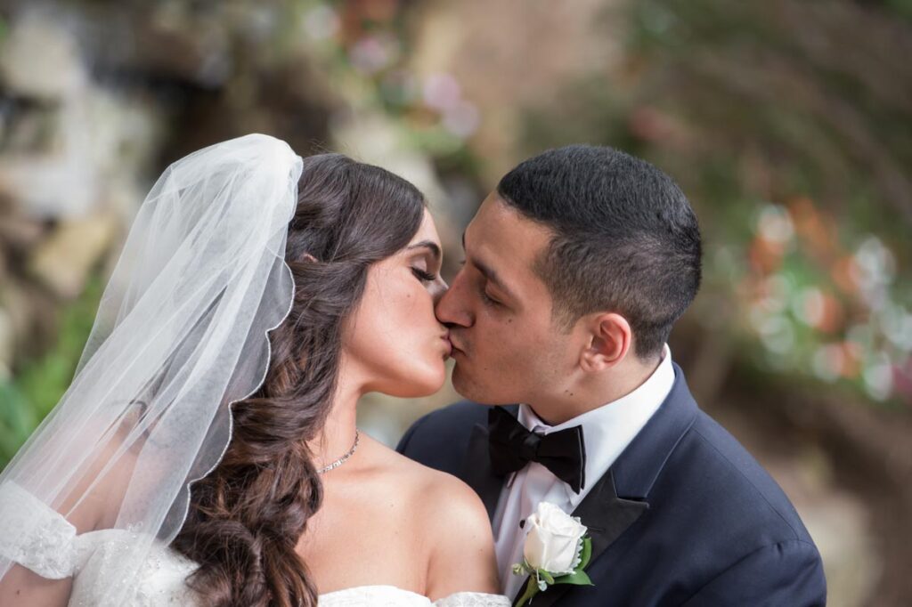 wedding couple kissing at The Park, Belleville, New Jersey