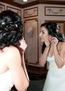Bridal party posing at Crystal Plaza entrance