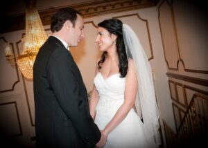 Bride and groom at Crystal Plaza entrance