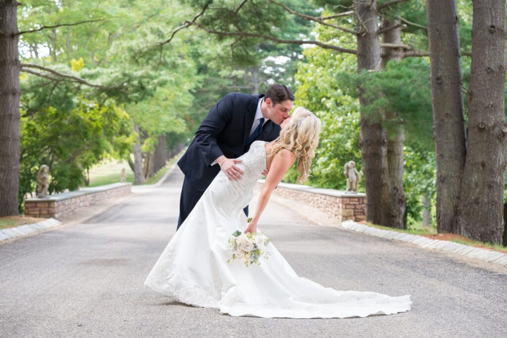 bride and groom kissing at The Ashford Estate, Allentown, New Jersey