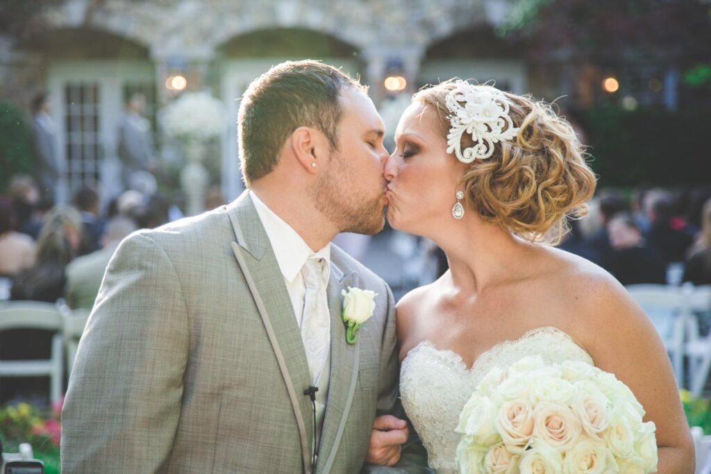 bride and groom at Olde Mill Inn, Basking Ridge