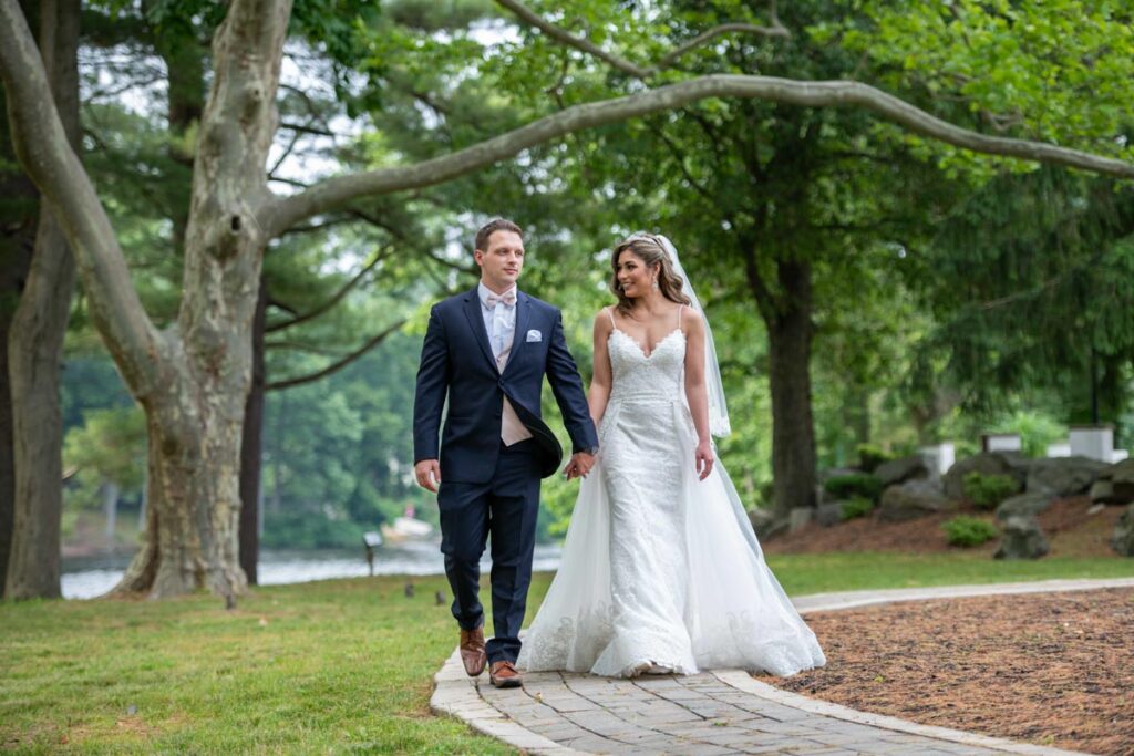 happy groom and bride at Farrington Lake, East Brunswick, New Jersey