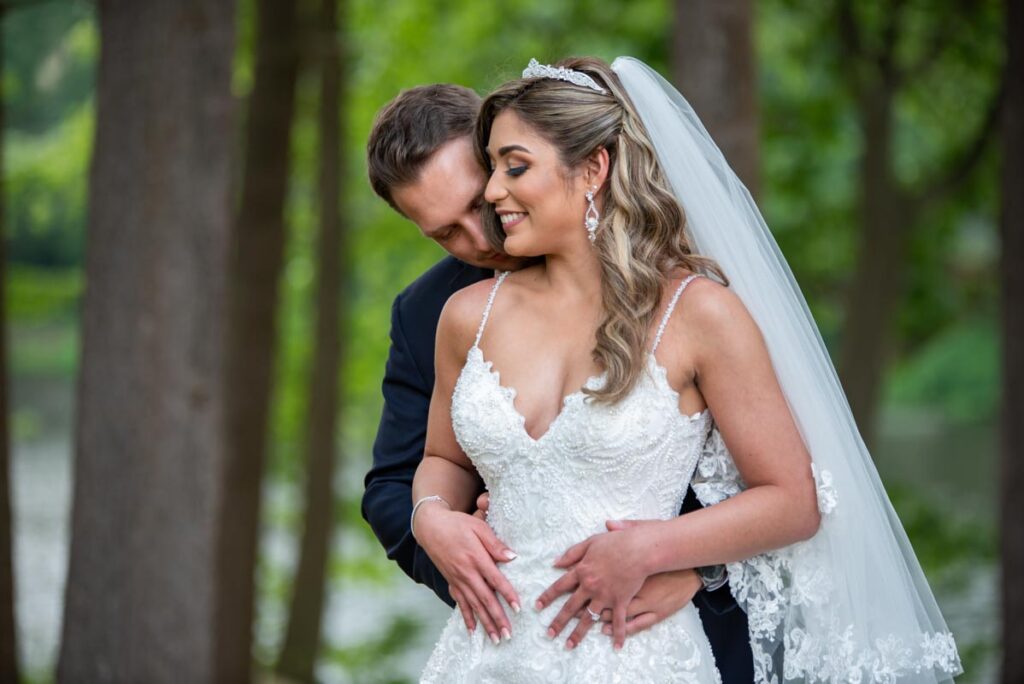 happy bride and groom at Farrington Lake, East Brunswick, New Jersey