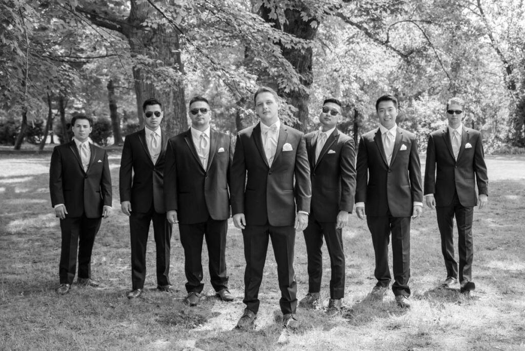 bnw photo of groom and his guests at Farrington Lake, East Brunswick, NJ