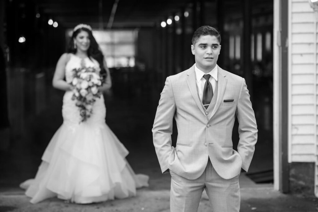 b&w photo of happy bride and groom at Perona Farms