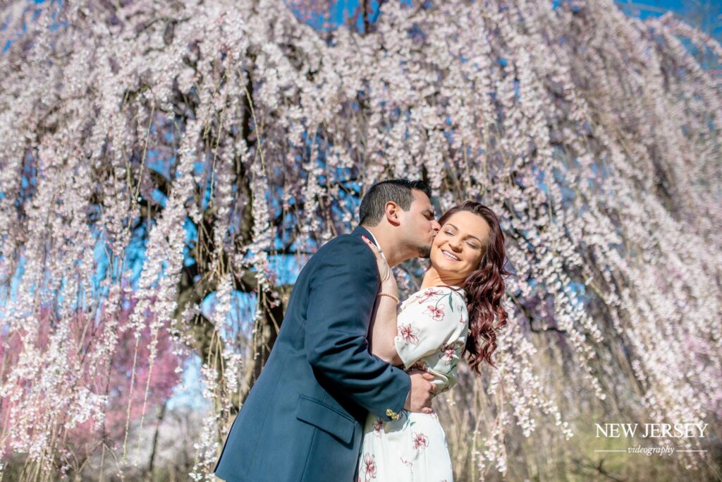 Romantic close-up of a couple kissing under cherry blossom trees
