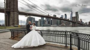 photo of newlyweds in a city