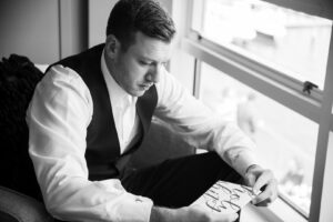 black and white portrait of groom - Oyster Point Hotel, Red Bank, NJ